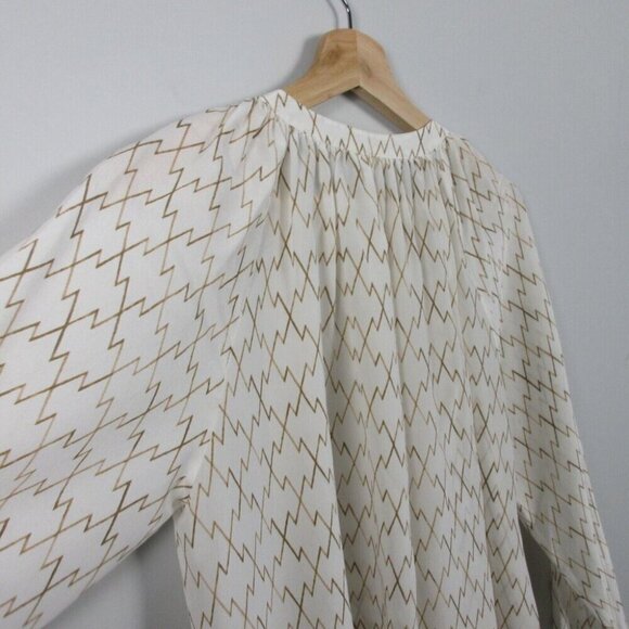 Club Monaco Printed Silk Blouse Women's Top S Button Up Popover Sleeve White 92 - Picture 10 of 11